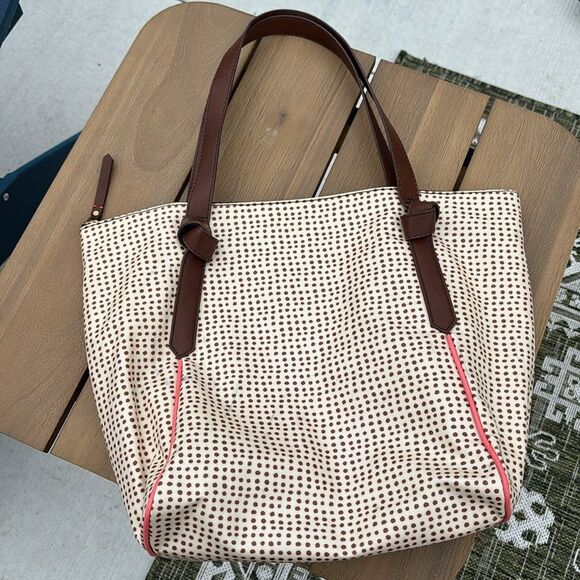 Fossil Women’s nylon Stylish Cream and Brown polka dot Tote shoulder bag GUC - Picture 5 of 10
